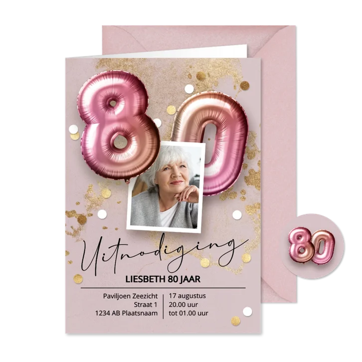 Stijlvolle uitnodiging 80 jaar vrouw ballonnen