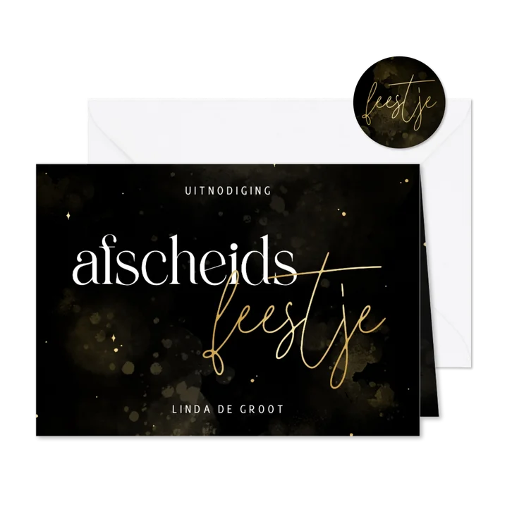 Stijlvolle uitnodiging afscheidsfeestje zwart en goudfolie