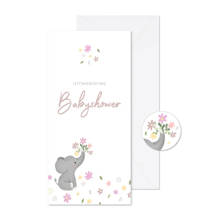 Stijlvolle uitnodiging babyshower met olifantje & bloemetjes