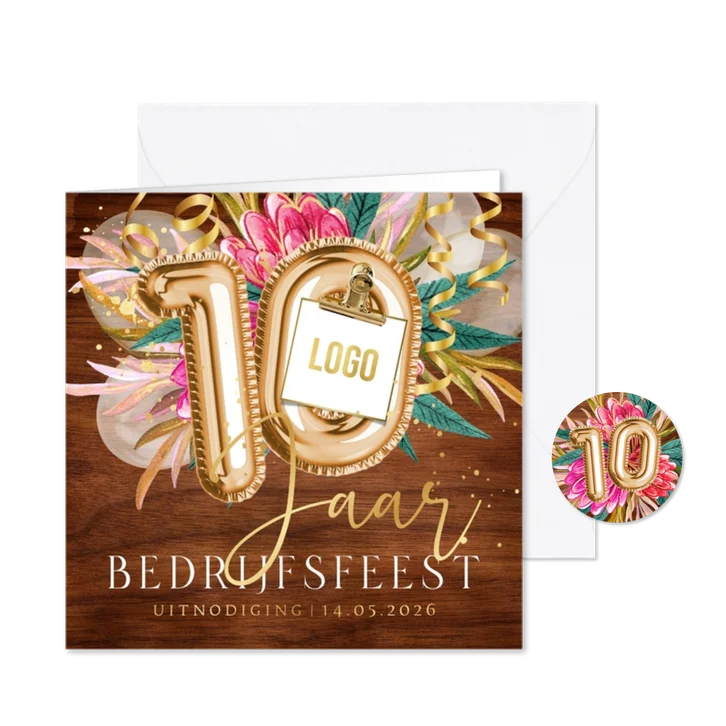 Stijlvolle uitnodiging bedrijfsfeest 10 jaar hout goud