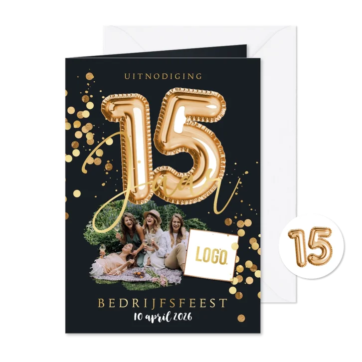 Stijlvolle uitnodiging bedrijfsfeest 15 jaar ballon goud