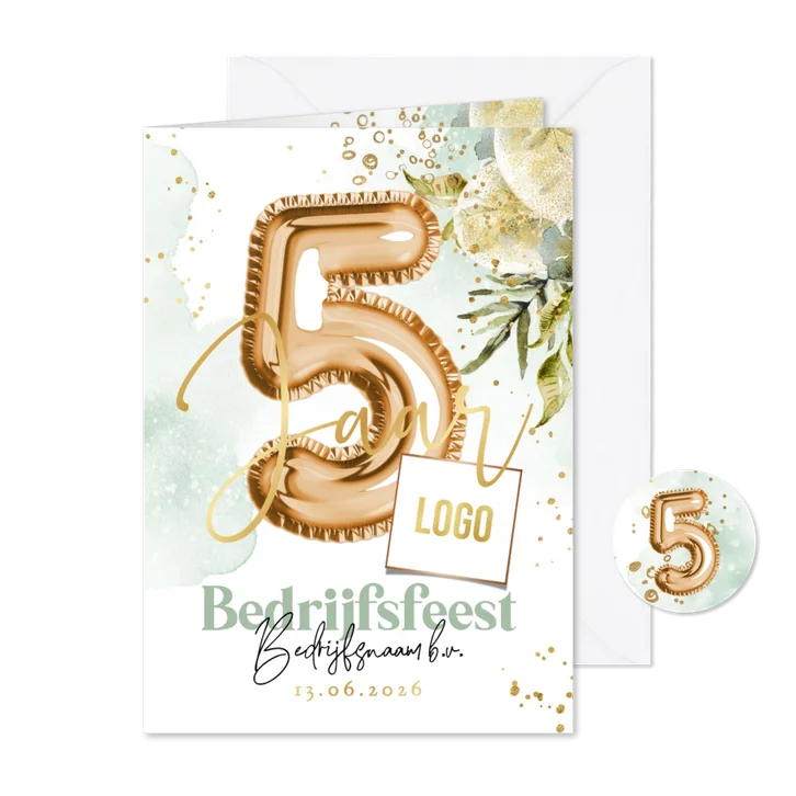 Stijlvolle uitnodiging bedrijfsfeest botanisch ballon goud