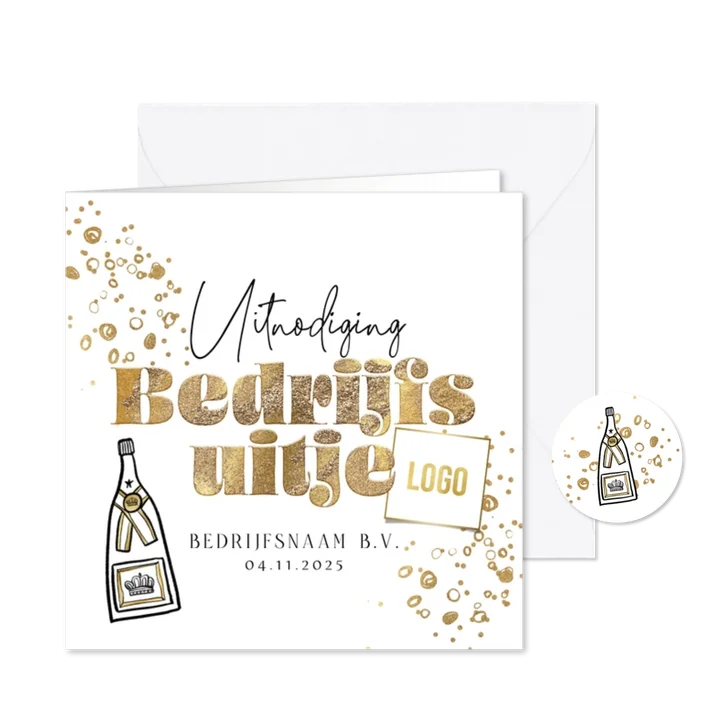 Stijlvolle uitnodiging bedrijfsuitje bubbels goud logo