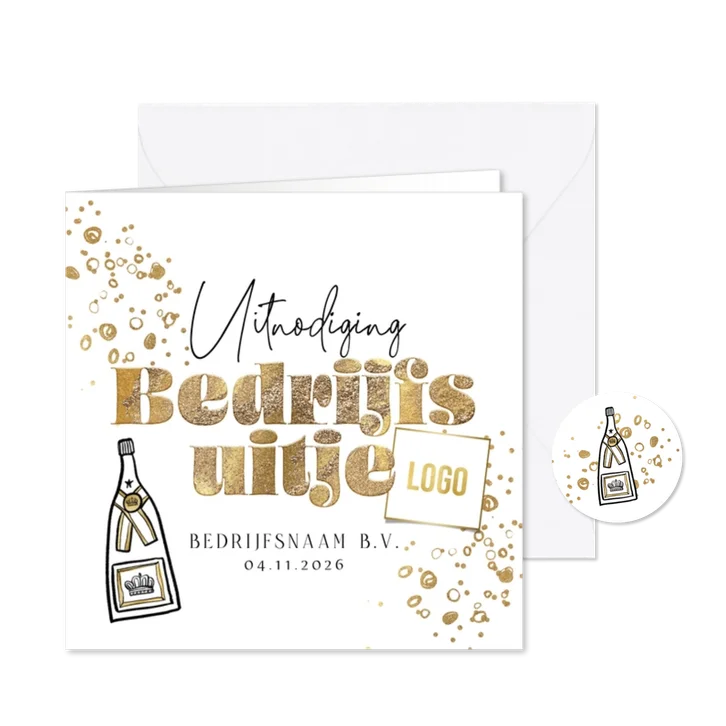 Stijlvolle uitnodiging bedrijfsuitje bubbels goud logo