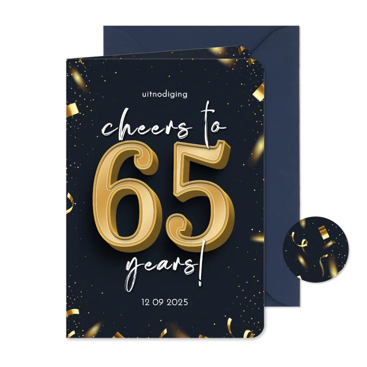 Stijlvolle uitnodiging confetti goud cheers to 65 years 