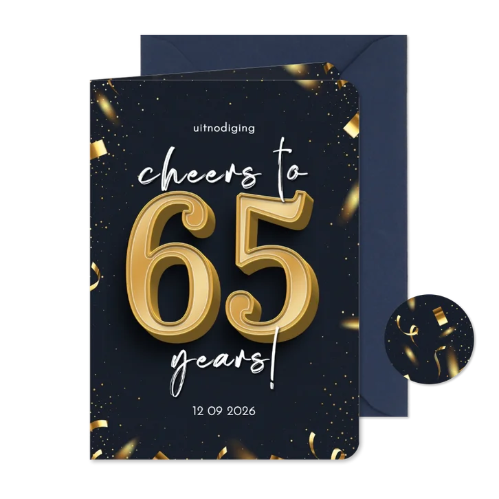 Stijlvolle uitnodiging confetti goud cheers to 65 years