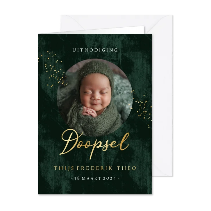 Stijlvolle uitnodiging doopsel spetters goudfolie foto
