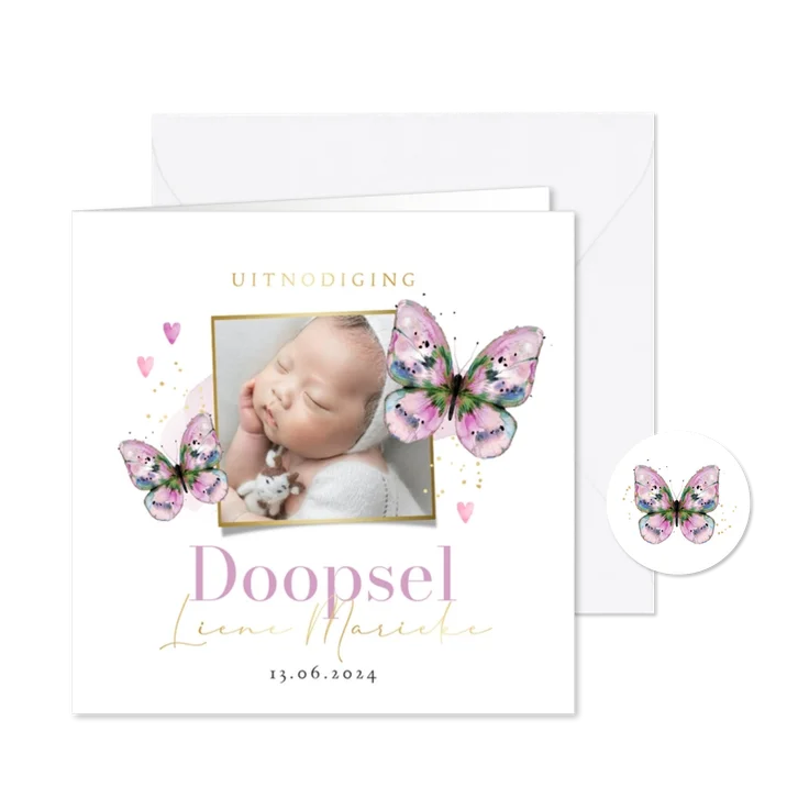 Stijlvolle uitnodiging doopsel watercolor vlinder goud foto