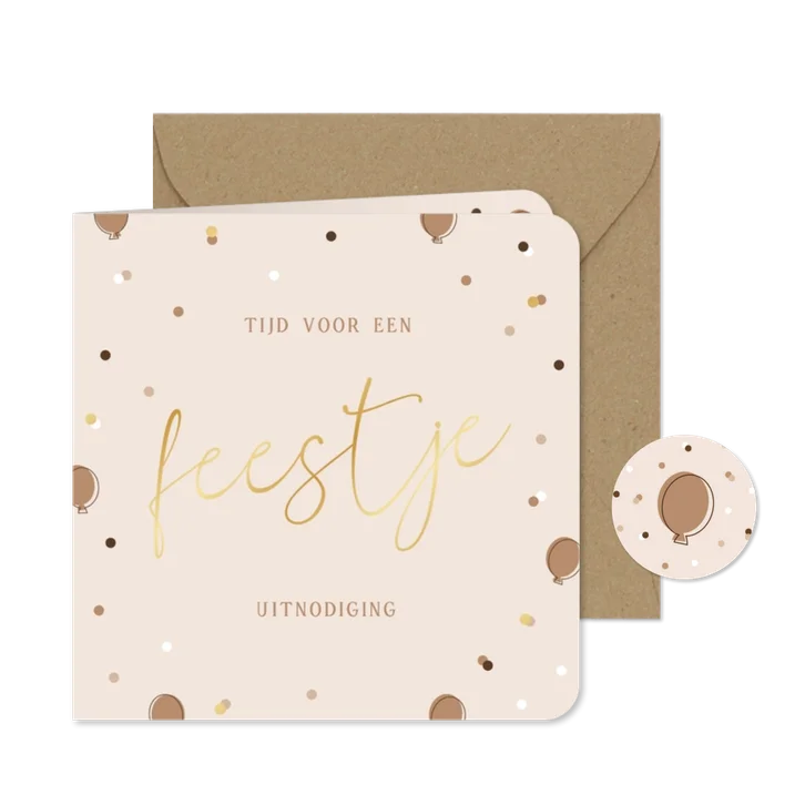 Stijlvolle uitnodiging feestje ballonnetjes beige confetti 