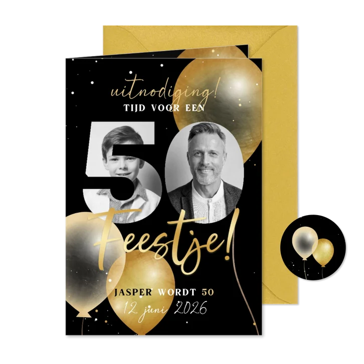 Stijlvolle uitnodiging foto 50 jaar verjaardag ballonnen