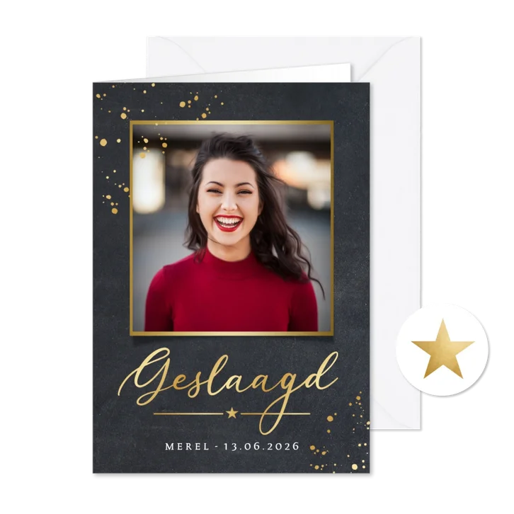 Stijlvolle uitnodiging geslaagd met gouden spetters