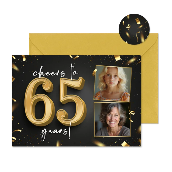 Stijlvolle uitnodiging goud cheers to 65 years met foto's