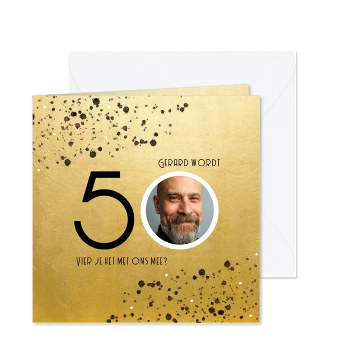 Stijlvolle uitnodiging goud spetters 50 met foto