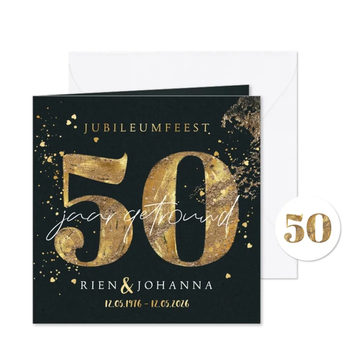 Stijlvolle uitnodiging jubileum 50 jaar goud getal hartjes