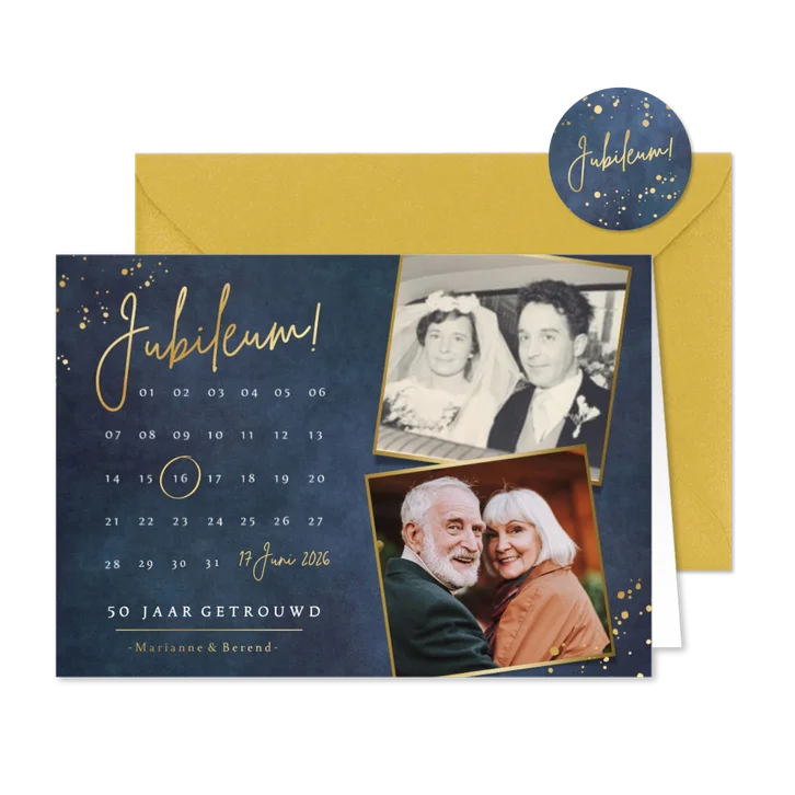 Stijlvolle uitnodiging jubileum met kalender en 2 foto's