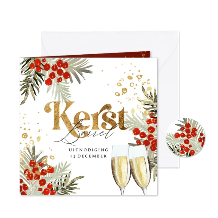 Stijlvolle uitnodiging kerstborrel watercolor kersttakken