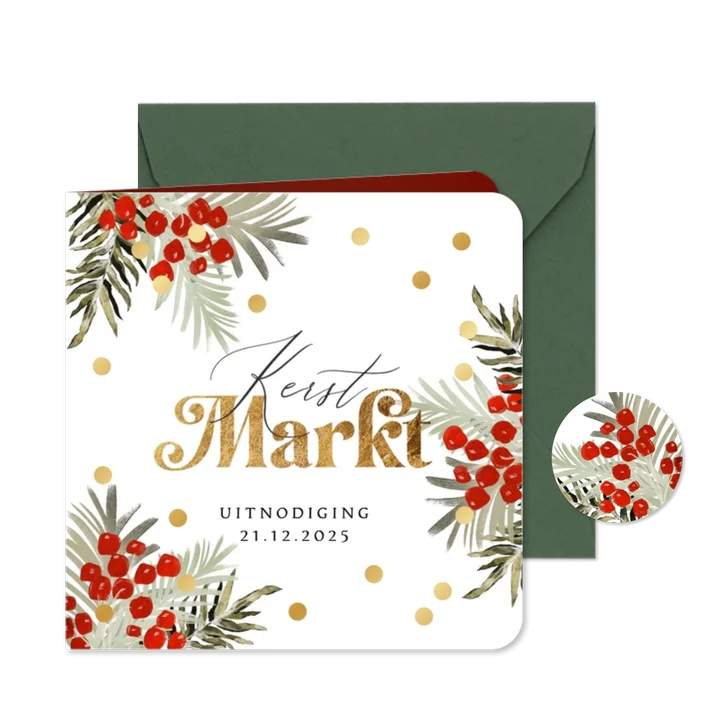 Stijlvolle uitnodiging kerstmarkt botanische takken goud