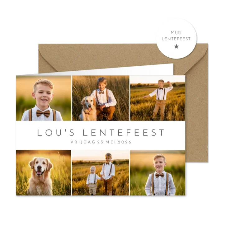 Stijlvolle uitnodiging lentefeest met fotocollage 6 foto's