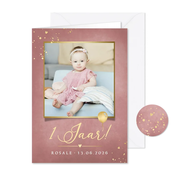 Stijlvolle uitnodiging met foto - eerste verjaardag meisje 