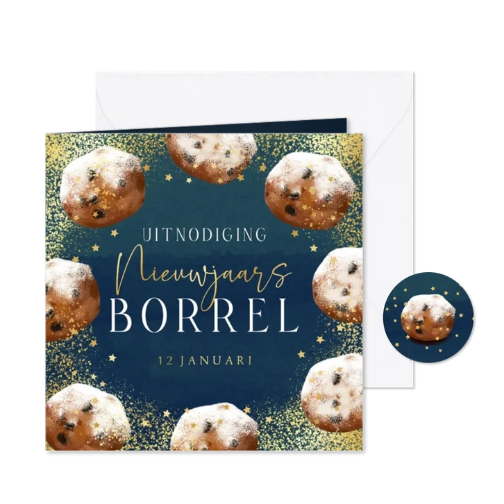 Stijlvolle uitnodiging oliebollen nieuwjaarsborrel ster goud