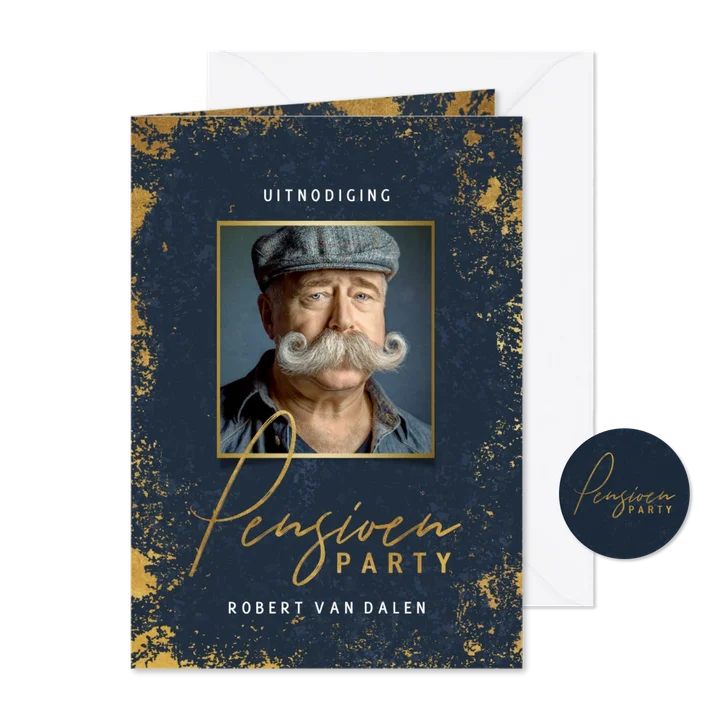 Stijlvolle uitnodiging pensioen feest gouden kader en foto