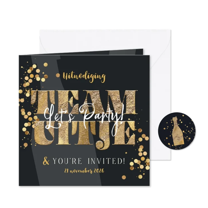 Stijlvolle uitnodiging teamuitje confetti goud champagne