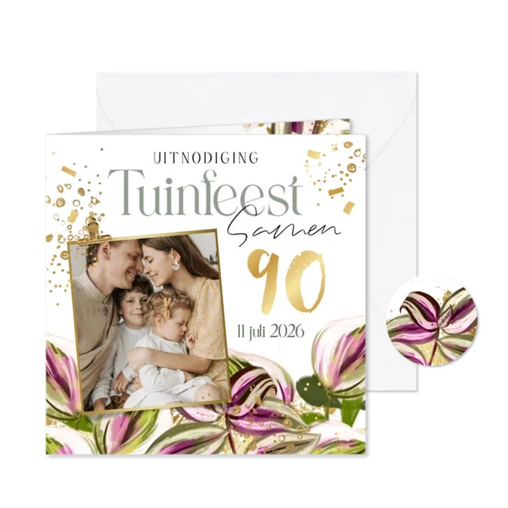 Stijlvolle uitnodiging tuinfeest samen 90 gezin planten goud