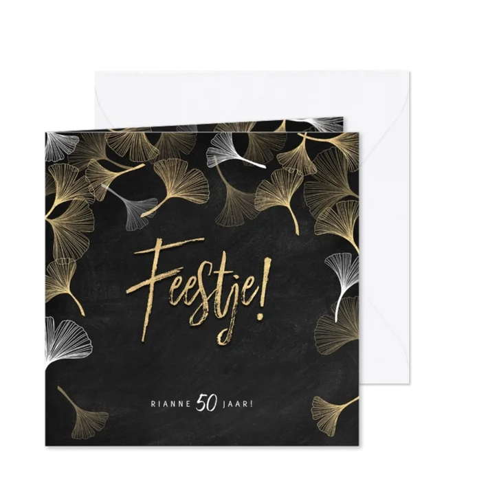 Stijlvolle uitnodiging verjaardag gouden ginkgo en Feestje!