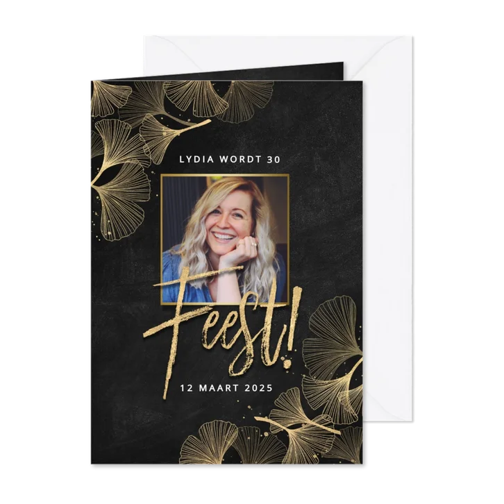 Stijlvolle uitnodiging verjaardag gouden ginkgo "Feest!"
