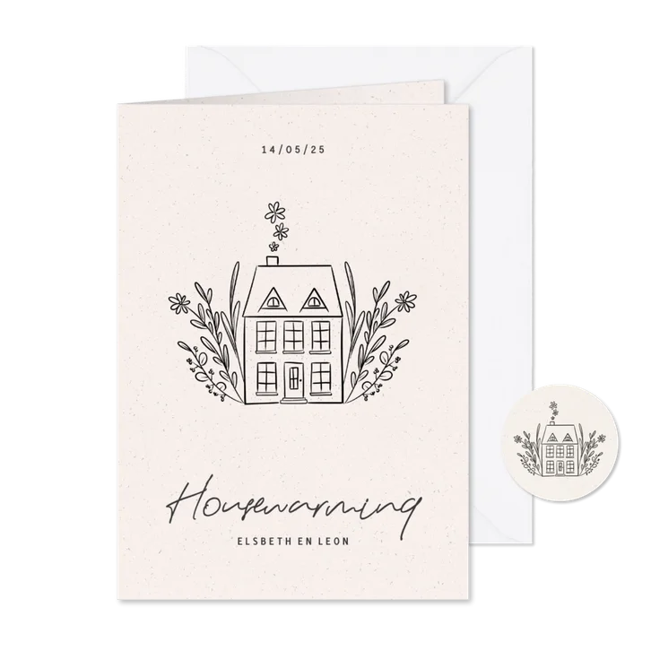 Stijlvolle uitnodiging voor een housewarming met huisje