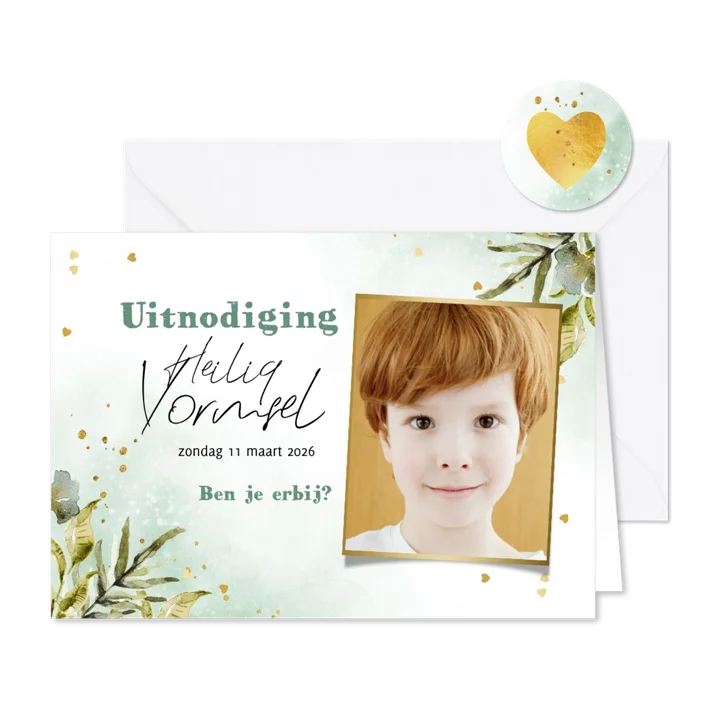 Stijlvolle uitnodiging vormsel botanische bladeren goud