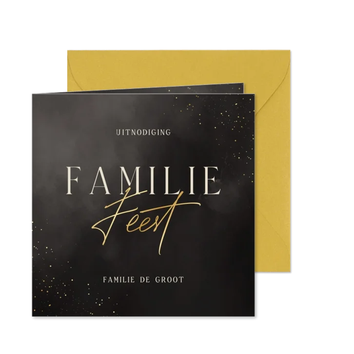 Stijlvolle uitnodiging zwart gouden spetters familiefeest