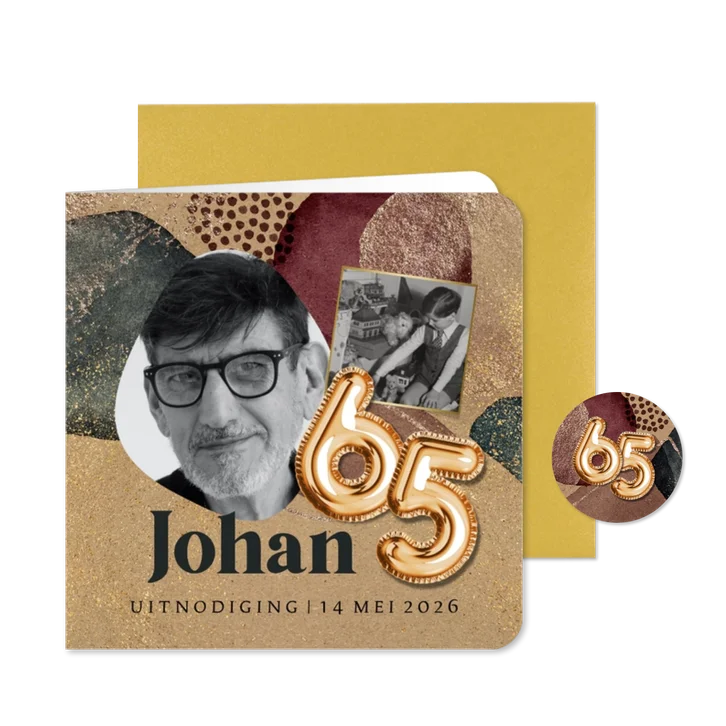 Stijlvolle uitnodigingskaart 65 jaar kraft ballonnen