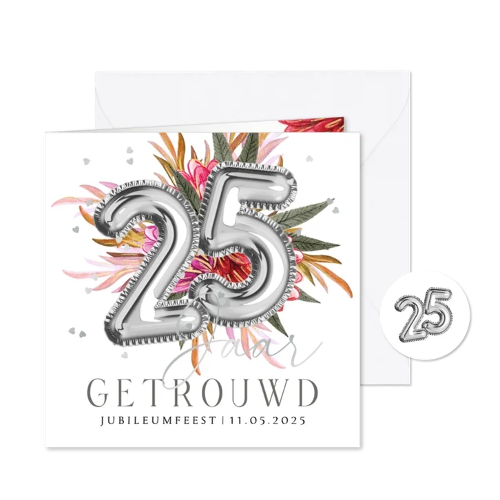 Stijlvolle uitnodigingskaart jubileum 25 jaar zilver bloemen