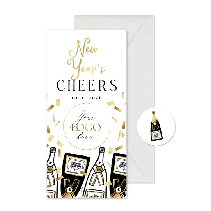 Stijlvolle uitnoding nieuwjaarsborrel champagne confetti
