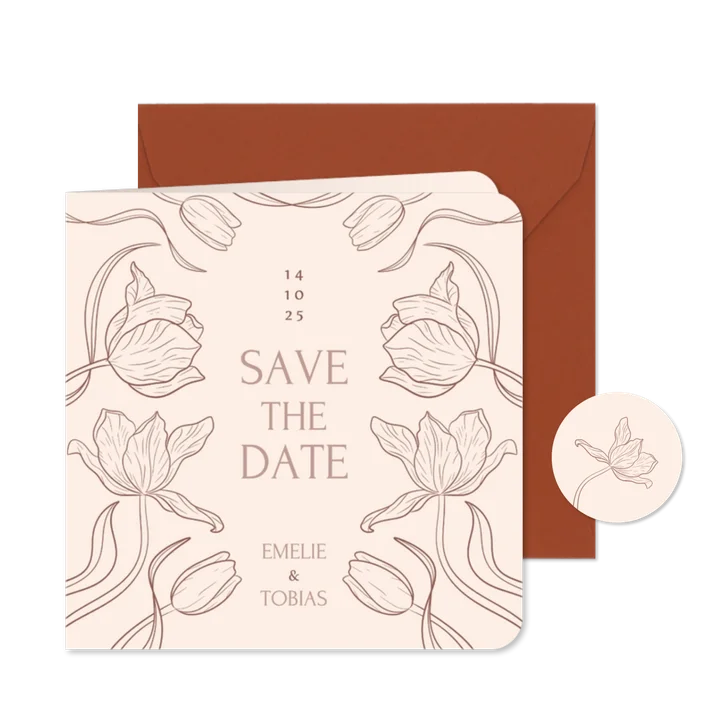 Stijlvolle vintage trouwkaart beige bloemen save the date