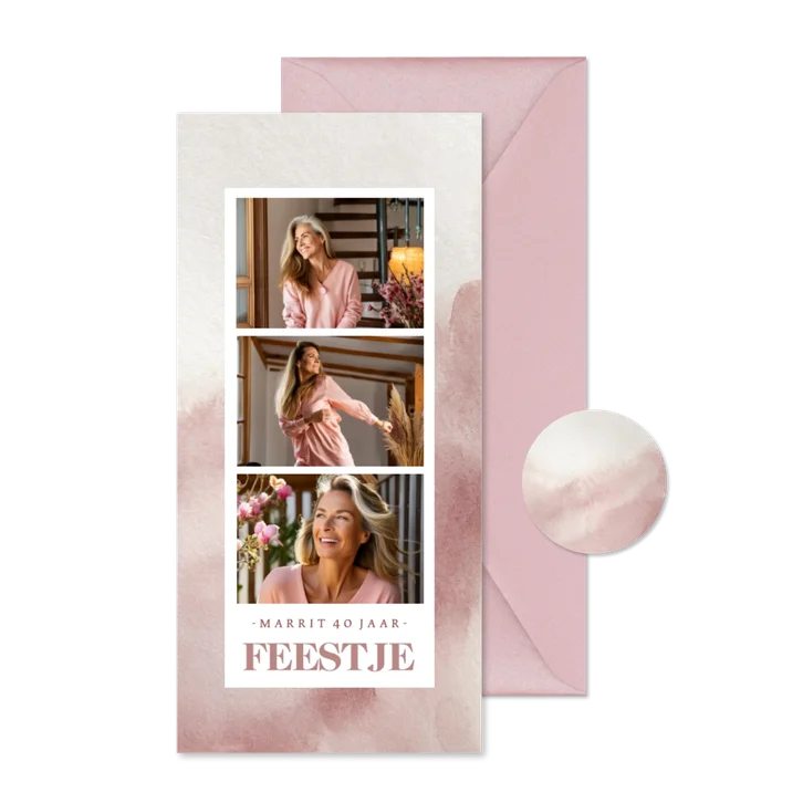 Stijlvolle waterverf uitnodiging feestje roze met drie fotos