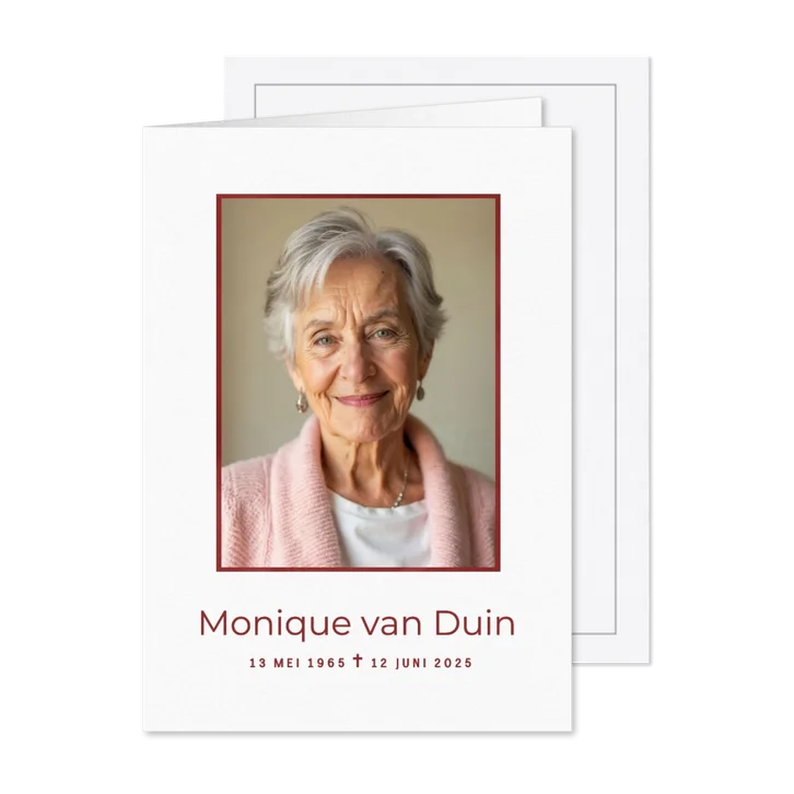 Stijlvolle witte rouwkaart met grote foto en rood kader