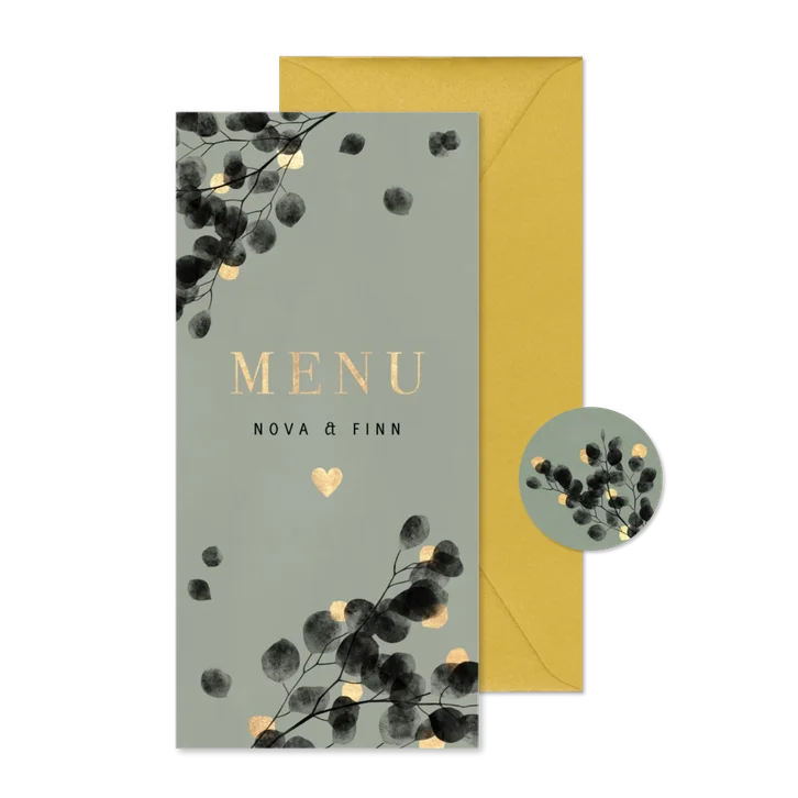 Stijlvolle zwarte eucalyptus menukaart en gouden bladeren