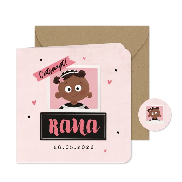 Stoer geboortekaartje boefje meisje baby roze polaroid