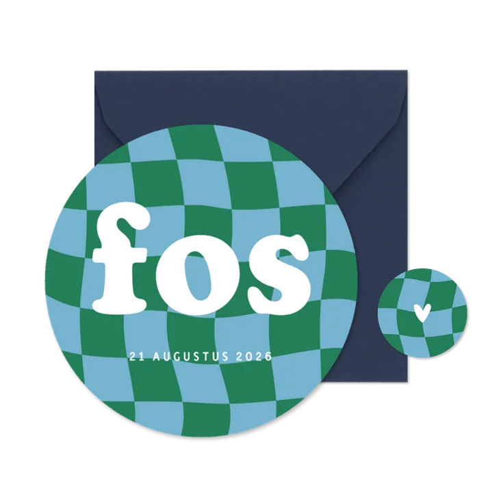 Stoer geboortekaartje cirkel met groovy blokjes blauw groen