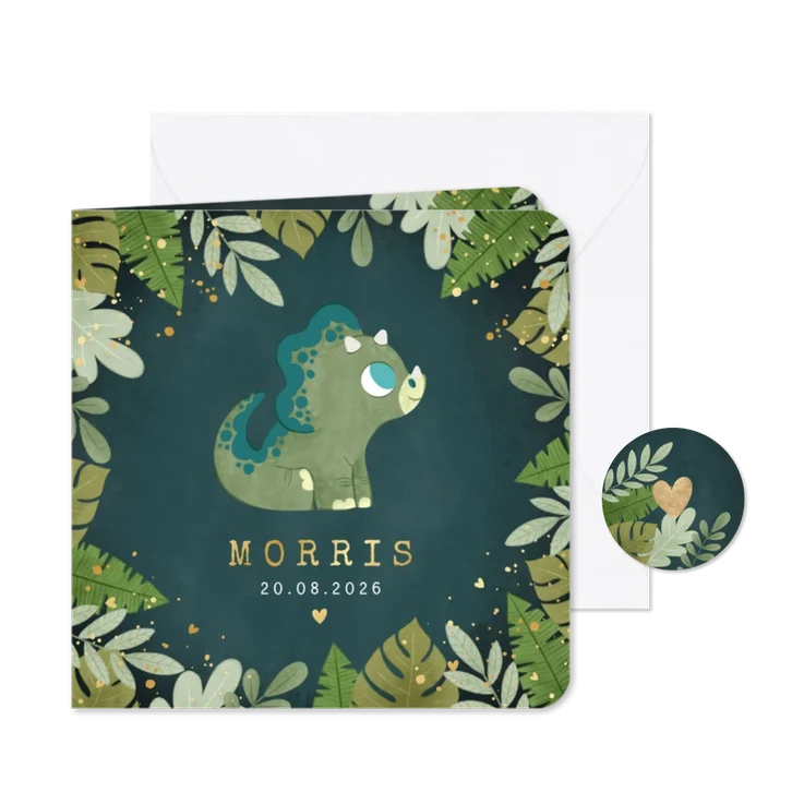 Stoer geboortekaartje dino jungleplantjes en hartjes