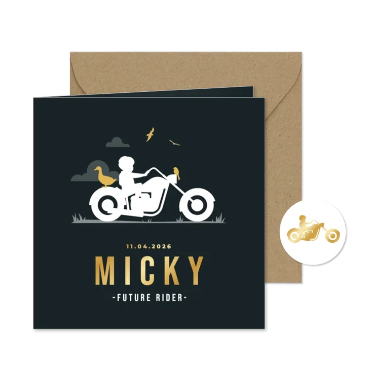 Stoer geboortekaartje jongen motor silhouet vogels