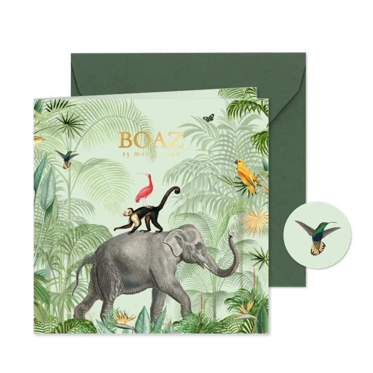 Stoer jungle geboortekaartje jongen met olifant goudfolie