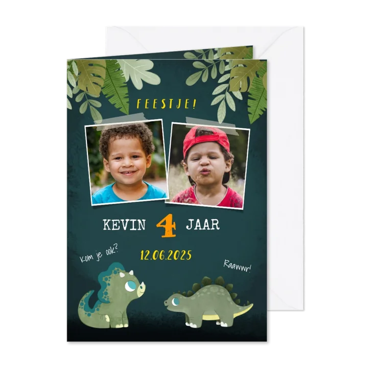 Stoer kinderfeestje uitnodiging dino's, jungle en foto's
