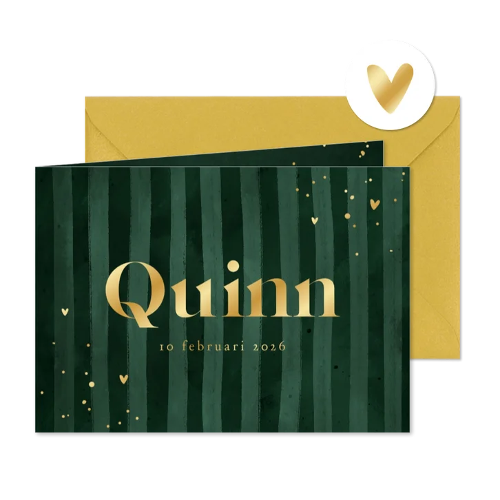 Stoer stijlvol geboortekaartje groen streepjes goud