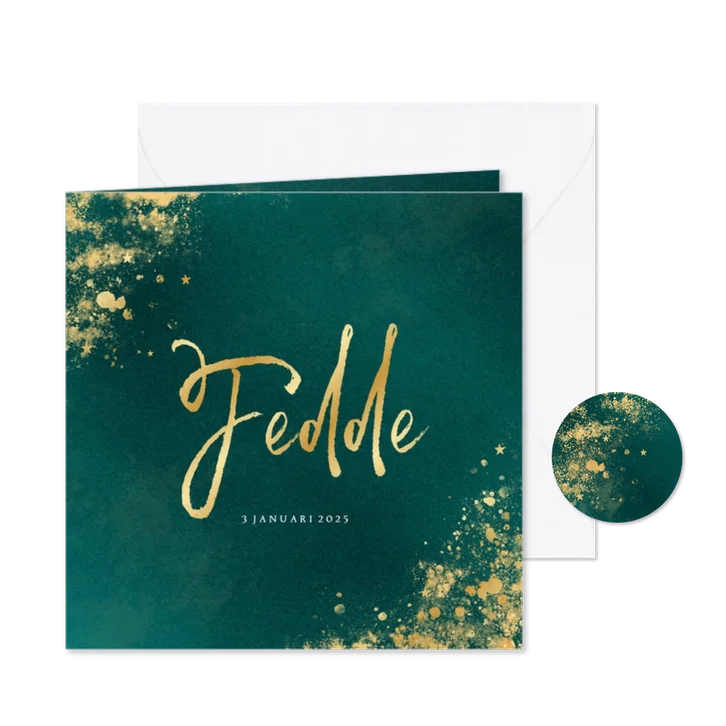 Stoere groene geboortekaartjes met goudfolie sterretjes