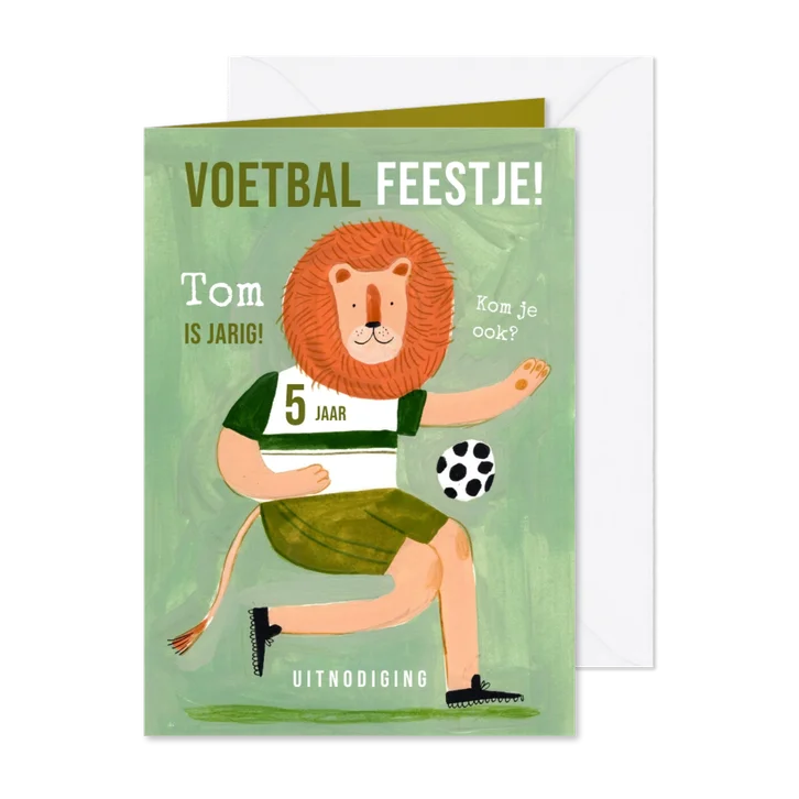 Stoere kinderfeest uitnodiging voetbalfeestje leeuw groen