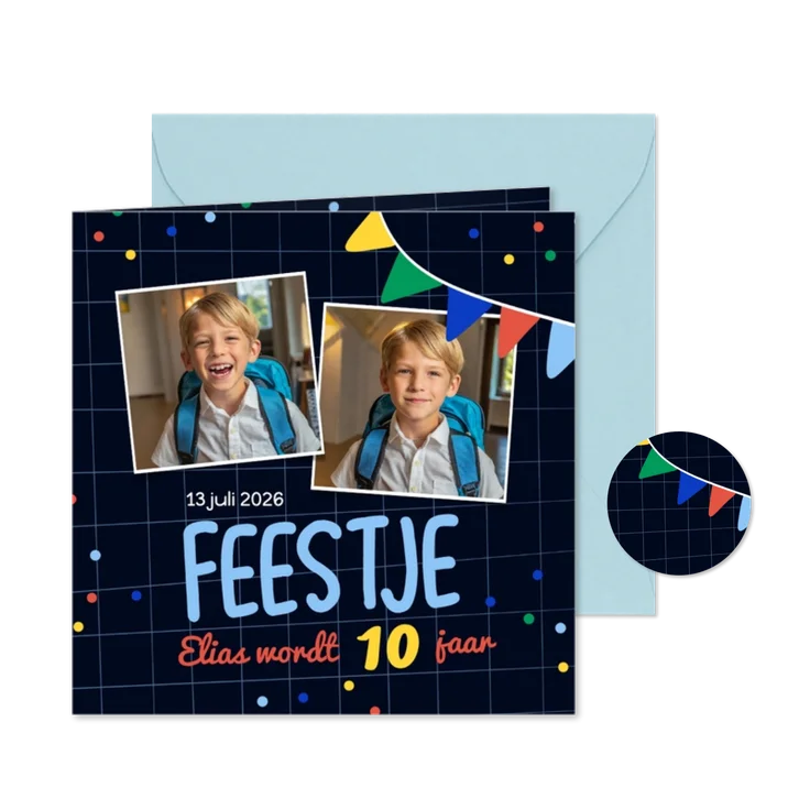 Stoere kinderfeestje uitnodiging zwart met vlaggetjes