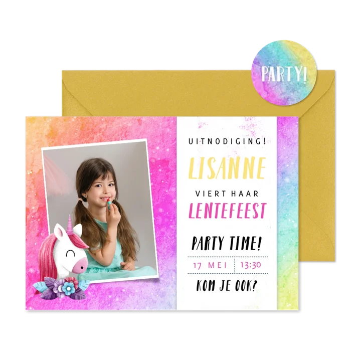 Stoere lentefeest uitnodiging met regenboog achtergrond